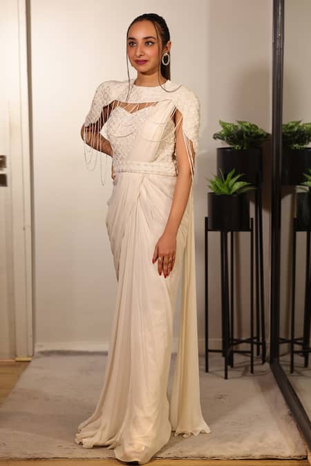 Jade By Ashima White Georgette Embroidery Saree Gown Sweetheart Cape Round With Detachable