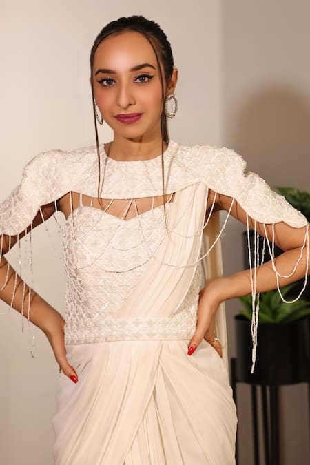 Jade By Ashima_White Georgette, Dupion Silk Saree Gown Sweetheart Cape Round With Detachable _Online_at_Aza_Fashions