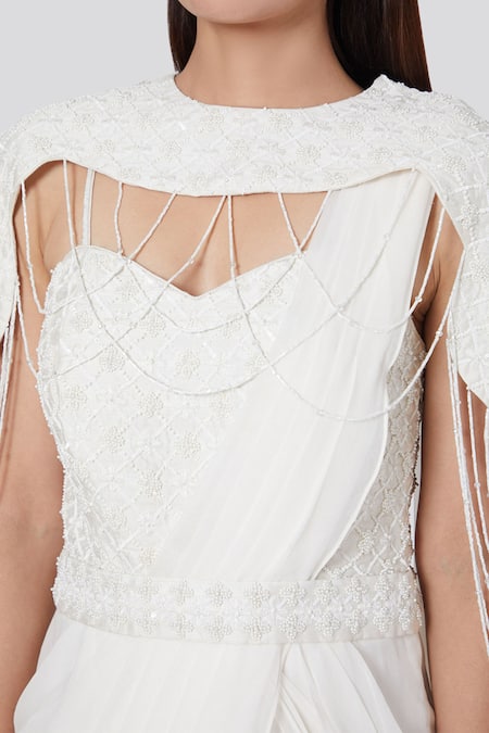 Jade By Ashima_White Blouse Silk Dupion Saree Georgette Sweetheart Pre-draped With Cape_Online_at_Aza_Fashions