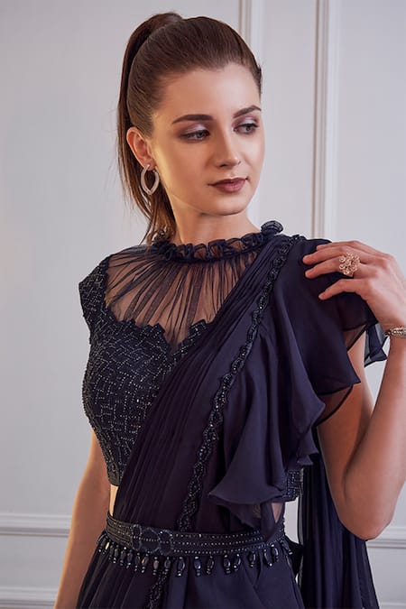 Shop_Jade By Ashima_Blue Georgette, Dupion And Net Pearl, Swarovski & Pre-draped Saree With Blouse _Online_at_Aza_Fashions