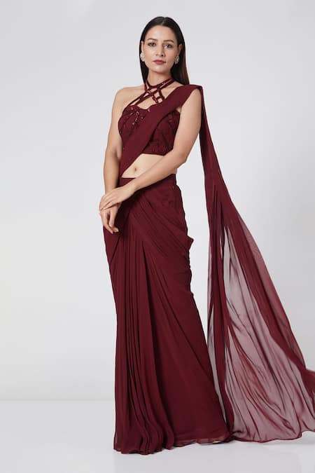 Jade By Ashima_Maroon Blouse Net Saree Georgette Halter Pre-draped With _Online_at_Aza_Fashions
