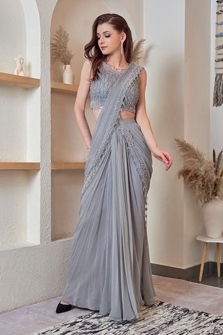 Jade By Ashima Grey Georgette Embellishment Thread Round Pre-draped Saree With Blouse