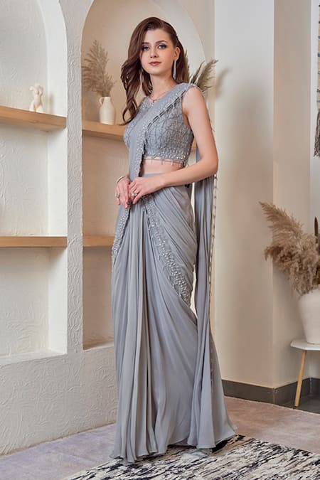 Jade By Ashima Grey Georgette Thread, Beads And Stones Round Pre-draped Saree With Blouse Online at Aza Fashions Jade By Ashima_Grey Georgette Thread, Beads And Stones Round Pre-draped Saree With Blouse _Online_at_Aza_Fashions