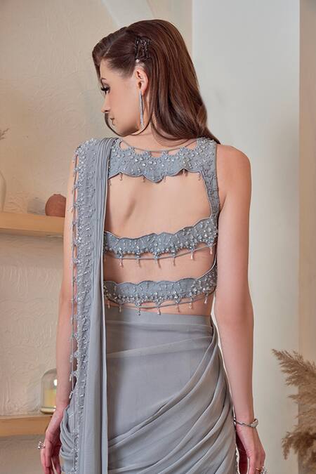 Shop Jade By Ashima Grey Georgette Thread, Beads And Stones Round Pre-draped Saree With Blouse Online at Aza Fashions Shop_Jade By Ashima_Grey Georgette Thread, Beads And Stones Round Pre-draped Saree With Blouse _Online_at_Aza_Fashions