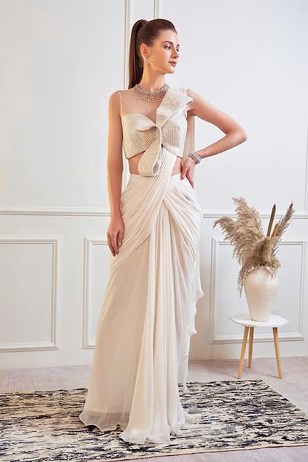 Jade By Ashima_White Georgette And Net Nalki & Stone Round Saree Gown _Online_at_Aza_Fashions