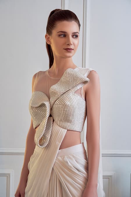 Shop_Jade By Ashima_White Georgette And Net Nalki & Stone Round Saree Gown _Online_at_Aza_Fashions