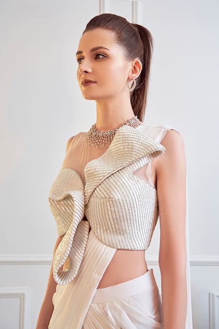 Jade By Ashima_White Georgette And Net Nalki & Stone Round Saree Gown _at_Aza_Fashions