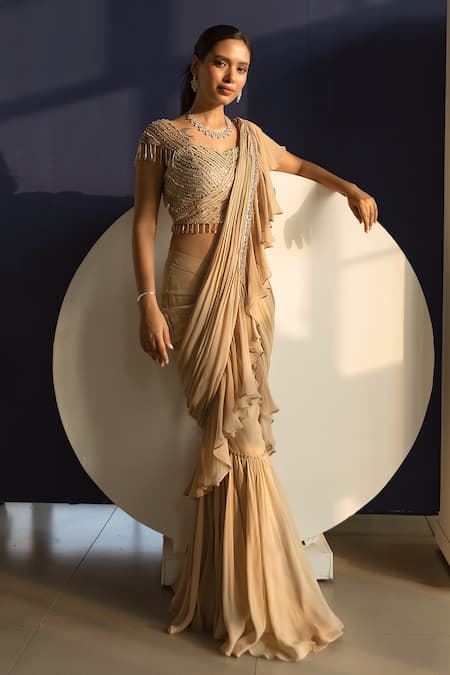 Qbik Pre-draped Pant Saree | Yellow, Banarasi Silk, One-shoulder,  Asymmetric | Aza fashion, Pant saree, Fashion