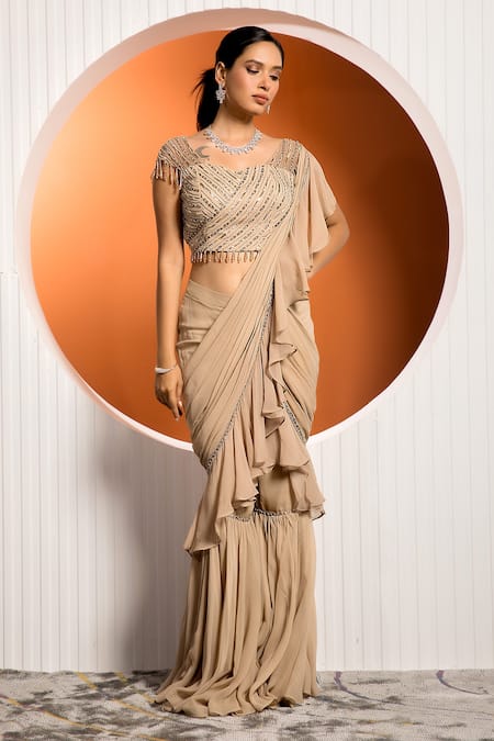 Jade By Ashima Brown Georgette Cutdana Sweetheart Neck Ruffle Gharara Pant Saree With Blouse Online at Aza Fashions Jade By Ashima_Brown Georgette Cutdana Sweetheart Neck Ruffle Gharara Pant Saree With Blouse _Online_at_Aza_Fashions