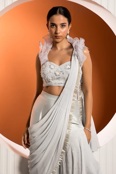 Shop Jade By Ashima Blue Georgette Floral Sweetheart Neck Ophelia Rose Pant Saree With Blouse Online at Aza Fashions Shop_Jade By Ashima_Blue Georgette Floral Sweetheart Neck Ophelia Rose Pant Saree With Blouse _Online_at_Aza_Fashions