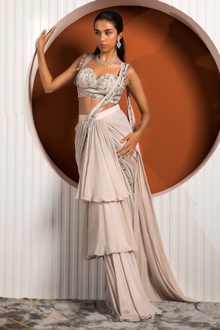 Jade By Ashima Grey Crepe Floral Sweetheart Neck Ruffle Pre-draped Saree With Blouse Online at Aza Fashions Jade By Ashima_Grey Crepe Floral Sweetheart Neck Ruffle Pre-draped Saree With Blouse _Online_at_Aza_Fashions