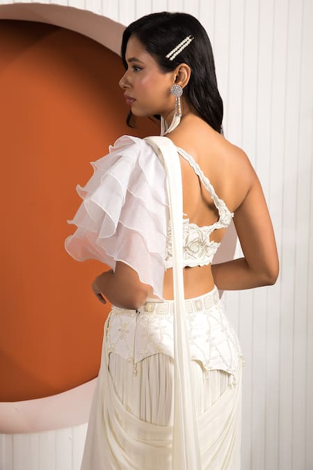 Shop_Jade By Ashima_Ivory Crepe, Georgette Floral Asymmetric Willow Embroidered Blouse And Skirt Set _Online_at_Aza_Fashions