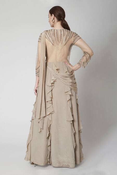 Shop_Jade By Ashima_Grey Net, Crepe Round Pre-draped Ruffle Saree Gown _at_Aza_Fashions
