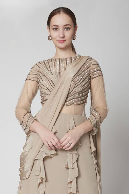 Jade By Ashima_Grey Net, Crepe Round Pre-draped Ruffle Saree Gown _Online_at_Aza_Fashions