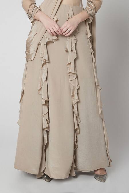 Buy_Jade By Ashima_Grey Net, Crepe Round Pre-draped Ruffle Saree Gown _Online_at_Aza_Fashions
