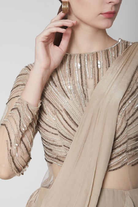 Shop_Jade By Ashima_Grey Net, Crepe Round Pre-draped Ruffle Saree Gown _Online_at_Aza_Fashions