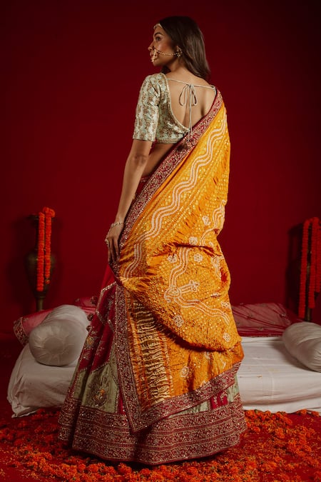 Shop Aangan By Parul Red Bandhej, Dupion, Satin And Cambric, Tussar Jaipuri Embroidered Lehenga Set at Aza Fashions Shop_Aangan By Parul_Red Bandhej, Dupion, Satin And Cambric, Tussar Jaipuri Embroidered Lehenga Set _at_Aza_Fashions