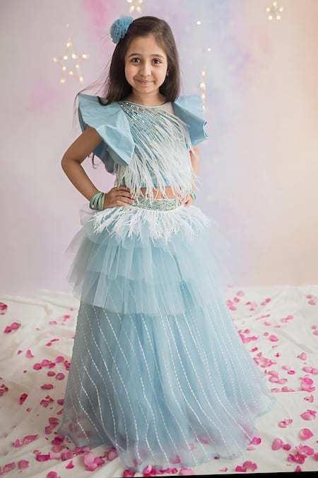 Pa:Paa Blue Tulle Embroidered Choli And Layered Lehenga  