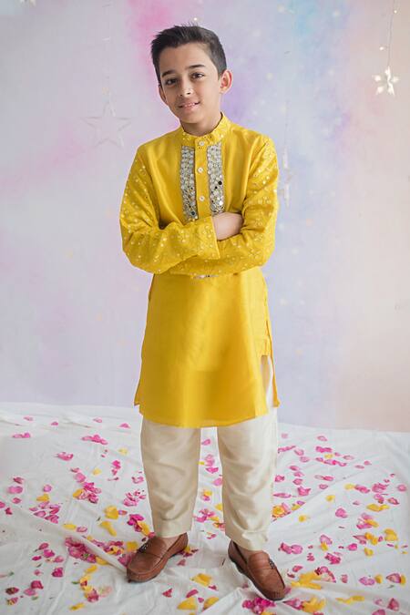 Buy_PA:Paa_Yellow Kurta Silk Embellished And Pant_Online_at_Aza_Fashions