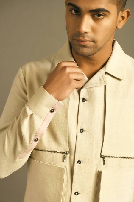 Shop Dhruv Vaish Beige Handloom Cotton Shacket Online at Aza Fashions Shop_Dhruv Vaish_Beige Handloom Cotton Shacket _Online_at_Aza_Fashions
