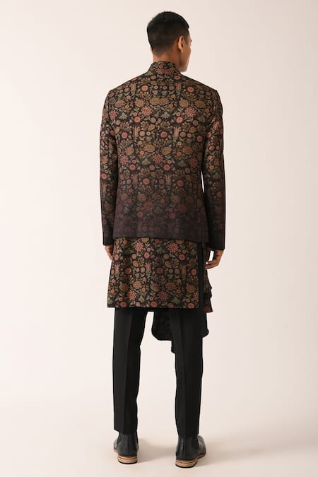 Shop Dhruv Vaish Black Silk, Cotton Floral Motifs Printed Hybrid Sherwani Set at Aza Fashions Shop_Dhruv Vaish_Black Silk, Cotton Floral Motifs Printed Hybrid Sherwani Set _at_Aza_Fashions