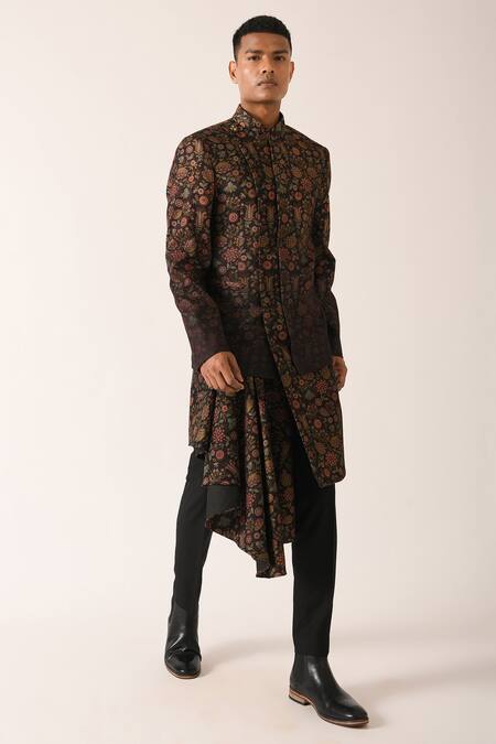 Dhruv Vaish Black Silk, Cotton Floral Motifs Printed Hybrid Sherwani Set Online at Aza Fashions Dhruv Vaish_Black Silk, Cotton Floral Motifs Printed Hybrid Sherwani Set _Online_at_Aza_Fashions