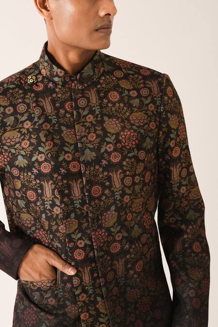 Buy Dhruv Vaish Black Silk, Cotton Floral Motifs Printed Hybrid Sherwani Set Online at Aza Fashions Buy_Dhruv Vaish_Black Silk, Cotton Floral Motifs Printed Hybrid Sherwani Set _Online_at_Aza_Fashions