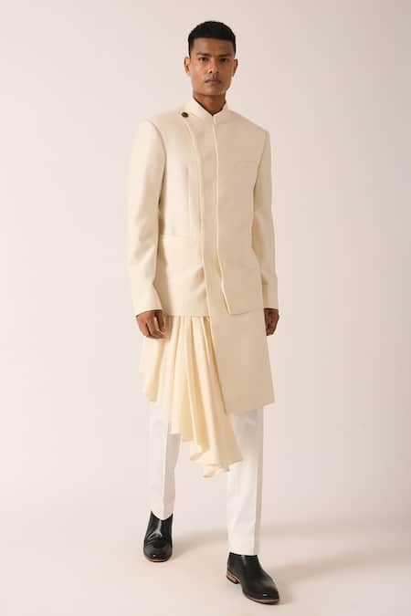 Dhruv Vaish_Beige Silk, Cotton Hybrid Sherwani Set_Online_at_Aza_Fashions