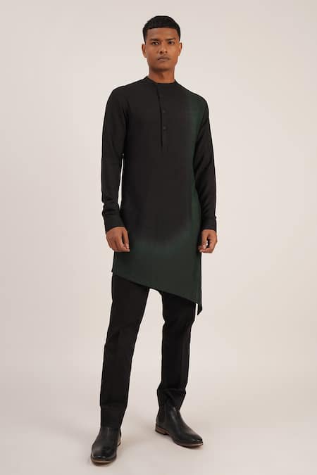 Dhruv Vaish_Black Cotton Silk Dip Dyed Asymmetric Kurta Set _Online_at_Aza_Fashions