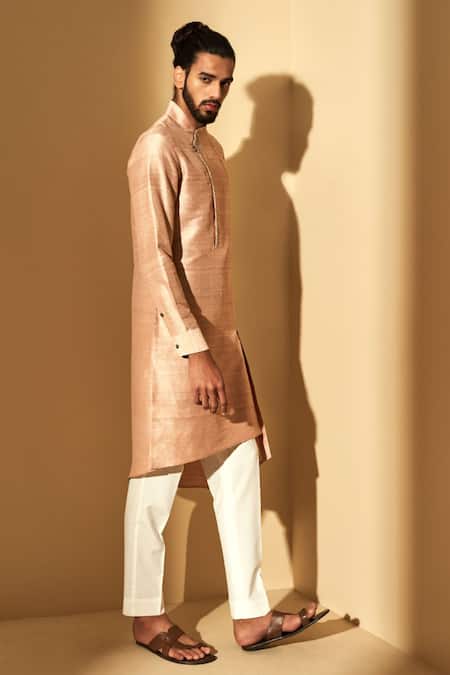 Dhruv Vaish_Pink Raw Silk, Terry Cotton Metal Work Embroidered Kurta Set _Online_at_Aza_Fashions