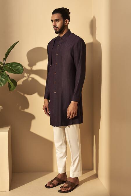 Dhruv Vaish_Purple Spun Silk, Terry Cotton Textured Kurta Set_Online_at_Aza_Fashions