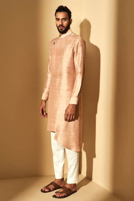 Buy_Dhruv Vaish_Pink Raw Silk, Terry Cotton Metal Work Embroidered Kurta Set _Online_at_Aza_Fashions