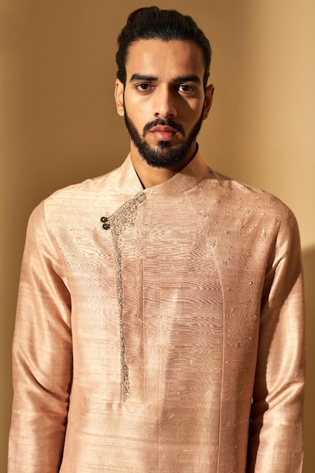 Shop_Dhruv Vaish_Pink Raw Silk, Terry Cotton Metal Work Embroidered Kurta Set _Online_at_Aza_Fashions