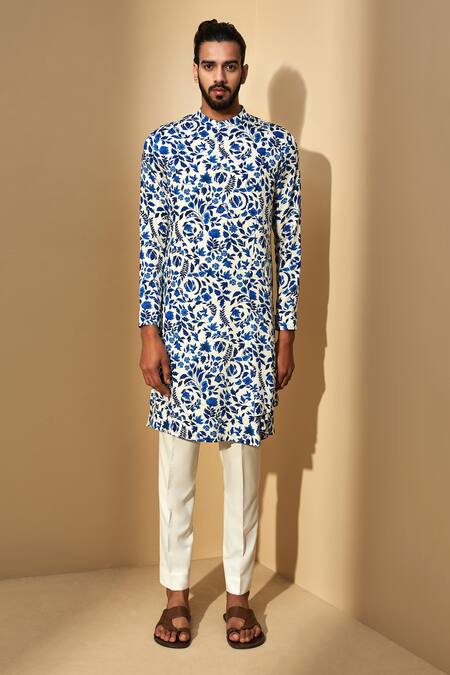 Dhruv Vaish_Beige Satin, Terry Floral Print Kurta Set _Online_at_Aza_Fashions
