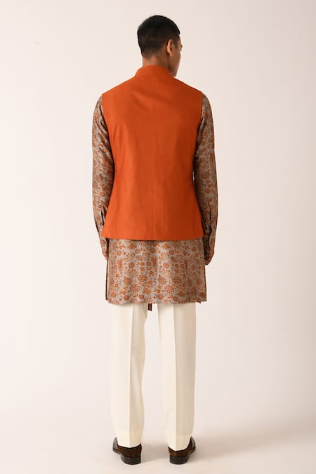 Shop_Dhruv Vaish_Orange Cotton Silk Textured Bundi _at_Aza_Fashions