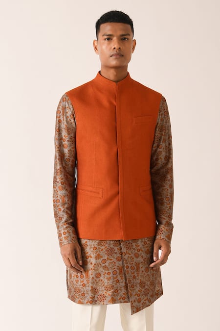 Dhruv Vaish_Orange Cotton Silk Textured Bundi _Online_at_Aza_Fashions