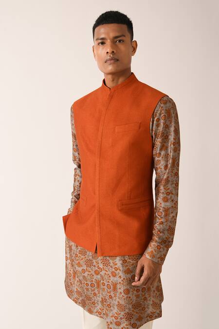Buy_Dhruv Vaish_Orange Cotton Silk Textured Bundi _Online_at_Aza_Fashions
