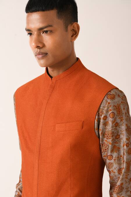 Shop_Dhruv Vaish_Orange Cotton Silk Textured Bundi _Online_at_Aza_Fashions