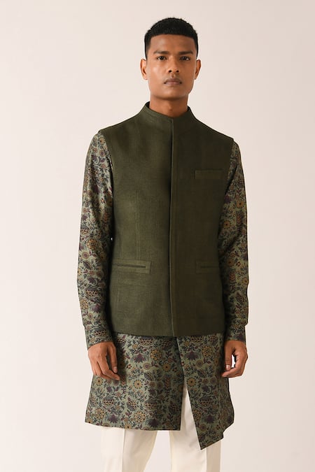 Dhruv Vaish_Green Cotton Silk Textured Bundi_Online_at_Aza_Fashions