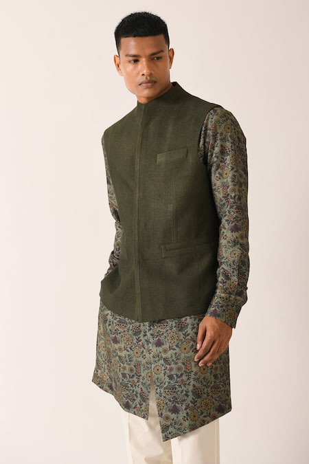 Buy_Dhruv Vaish_Green Cotton Silk Textured Bundi_Online_at_Aza_Fashions