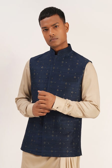 Dhruv Vaish Blue Silk Embroidered Metal Jawahar Jacket  