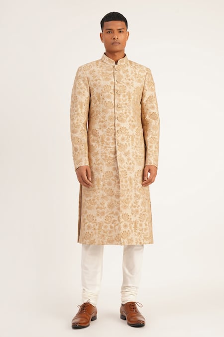 Dhruv Vaish Beige Silk Embroidered Floral Sherwani Set  