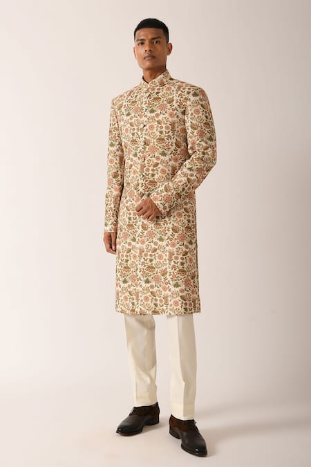 Dhruv Vaish Cotton Silk Printed Sherwani & Pant Set 