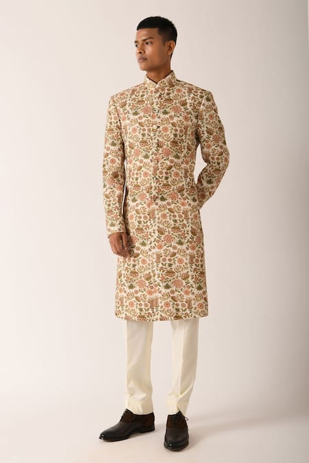 Dhruv Vaish_White Cotton Silk Floral Motifs Printed Sherwani And Pant Set_Online_at_Aza_Fashions