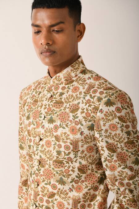 Buy_Dhruv Vaish_White Cotton Silk Floral Motifs Printed Sherwani And Pant Set_Online_at_Aza_Fashions