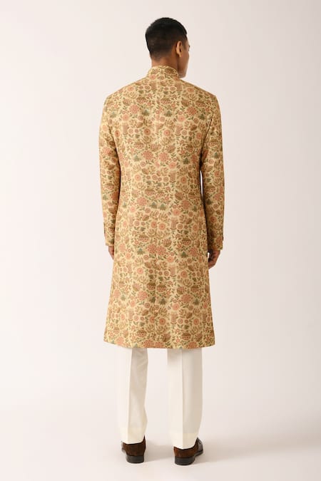 Shop_Dhruv Vaish_Yellow Cotton Silk Embroidered Floral Motifs Sherwani Set  _at_Aza_Fashions