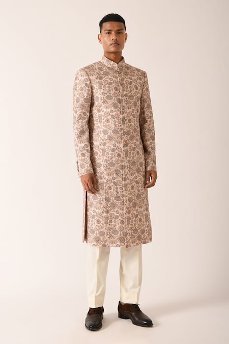 Dhruv Vaish Beige Cotton Silk Floral Motifs Print Sherwani Set Online at Aza Fashions Dhruv Vaish_Beige Cotton Silk Floral Motifs Print Sherwani Set_Online_at_Aza_Fashions