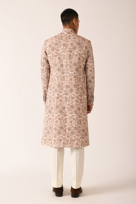 Shop Dhruv Vaish Beige Cotton Silk Floral Motifs Print Sherwani Set at Aza Fashions Shop_Dhruv Vaish_Beige Cotton Silk Floral Motifs Print Sherwani Set_at_Aza_Fashions