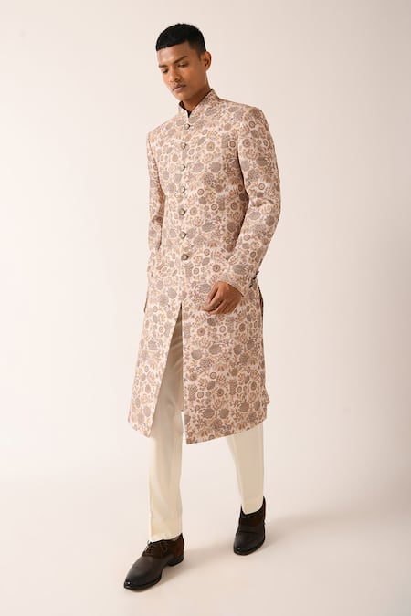 Dhruv Vaish Cotton Silk Floral Print Sherwani Set 