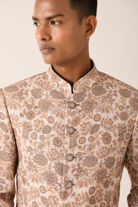 Buy Dhruv Vaish Beige Cotton Silk Floral Motifs Print Sherwani Set Online at Aza Fashions Buy_Dhruv Vaish_Beige Cotton Silk Floral Motifs Print Sherwani Set_Online_at_Aza_Fashions